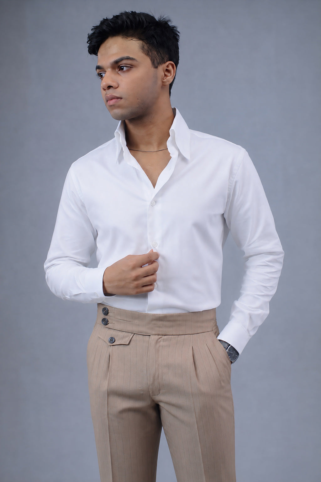 Model in Classic White Shirt side angle view