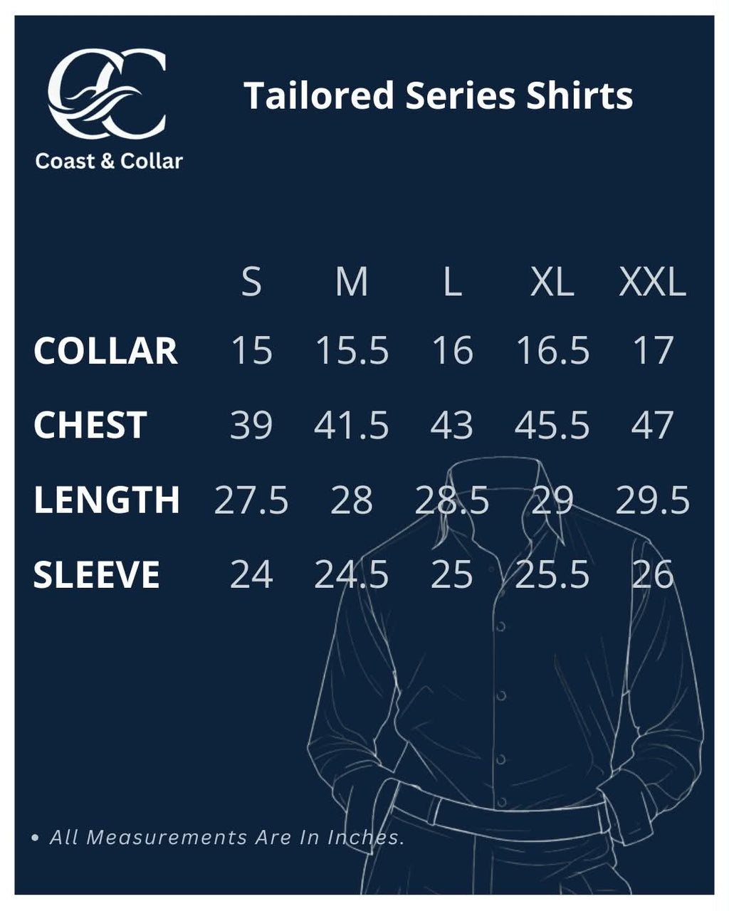 Coast & Collar Tailored Series size guide showing collar, chest, length and sleeve measurements for S to XXL