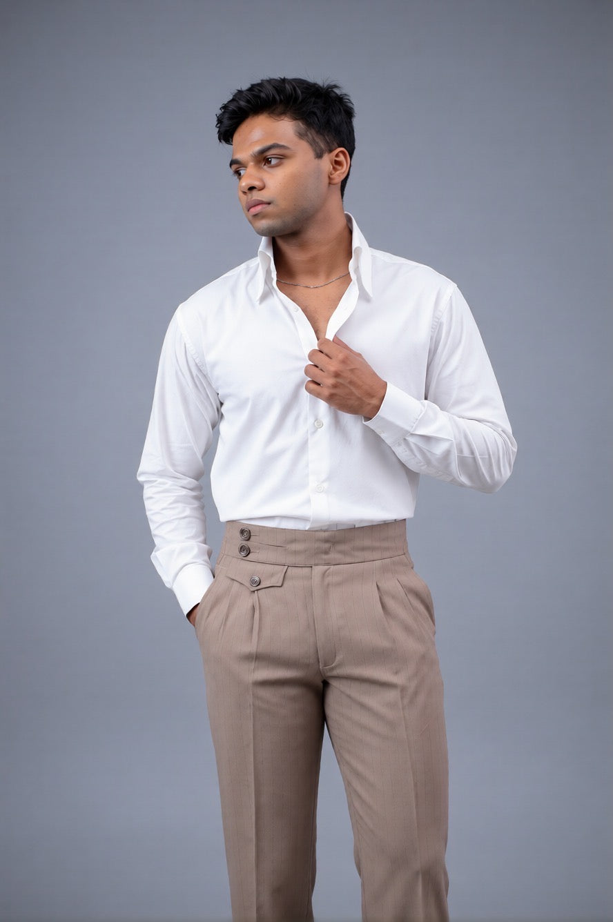 Model wearing Classic White Shirt with high-waisted trousers