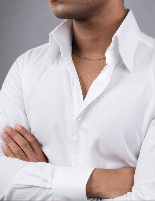 Close-up of the structured collar on the Classic White Shirt