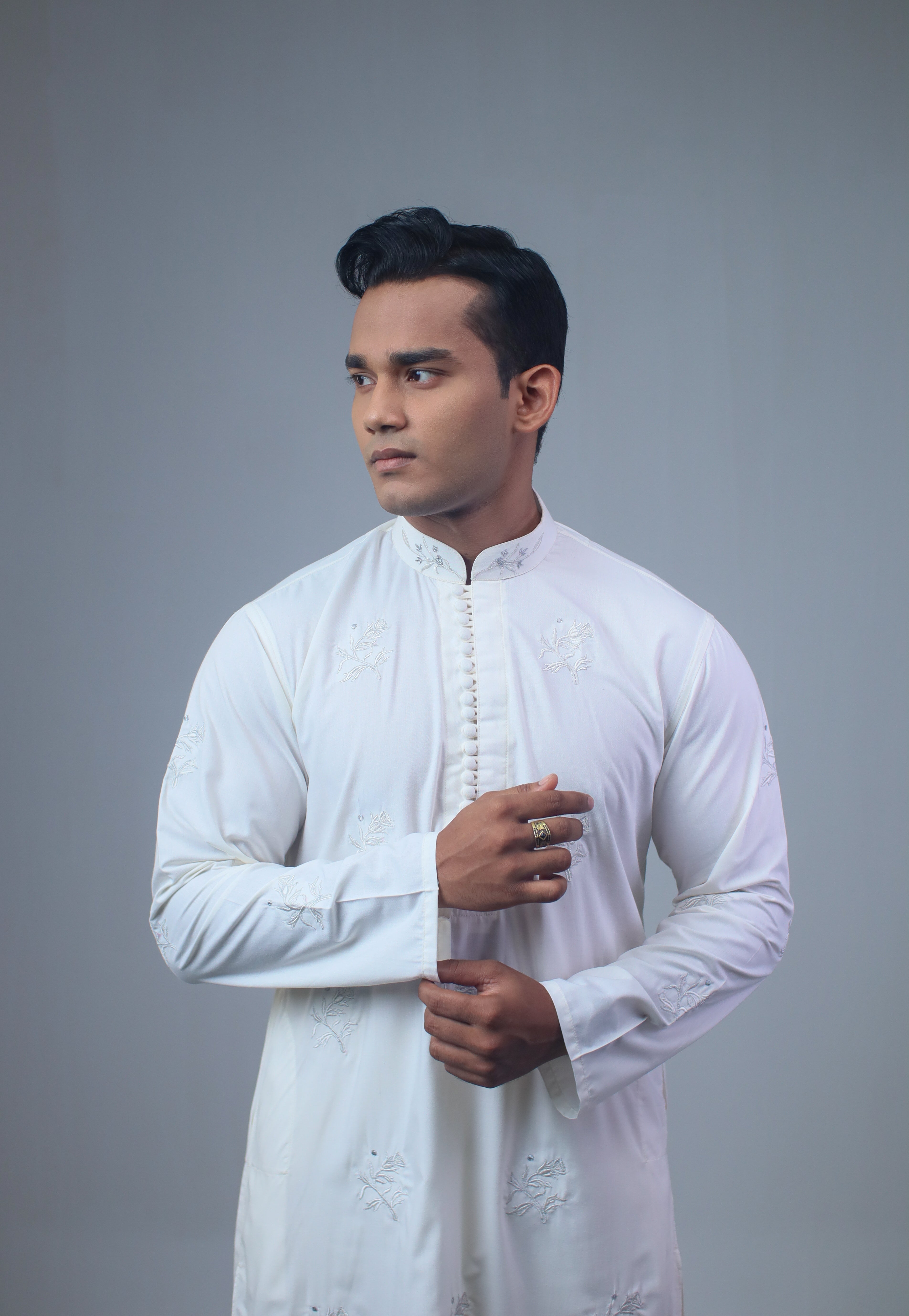 The Pearl White Loop-Button Panjabi