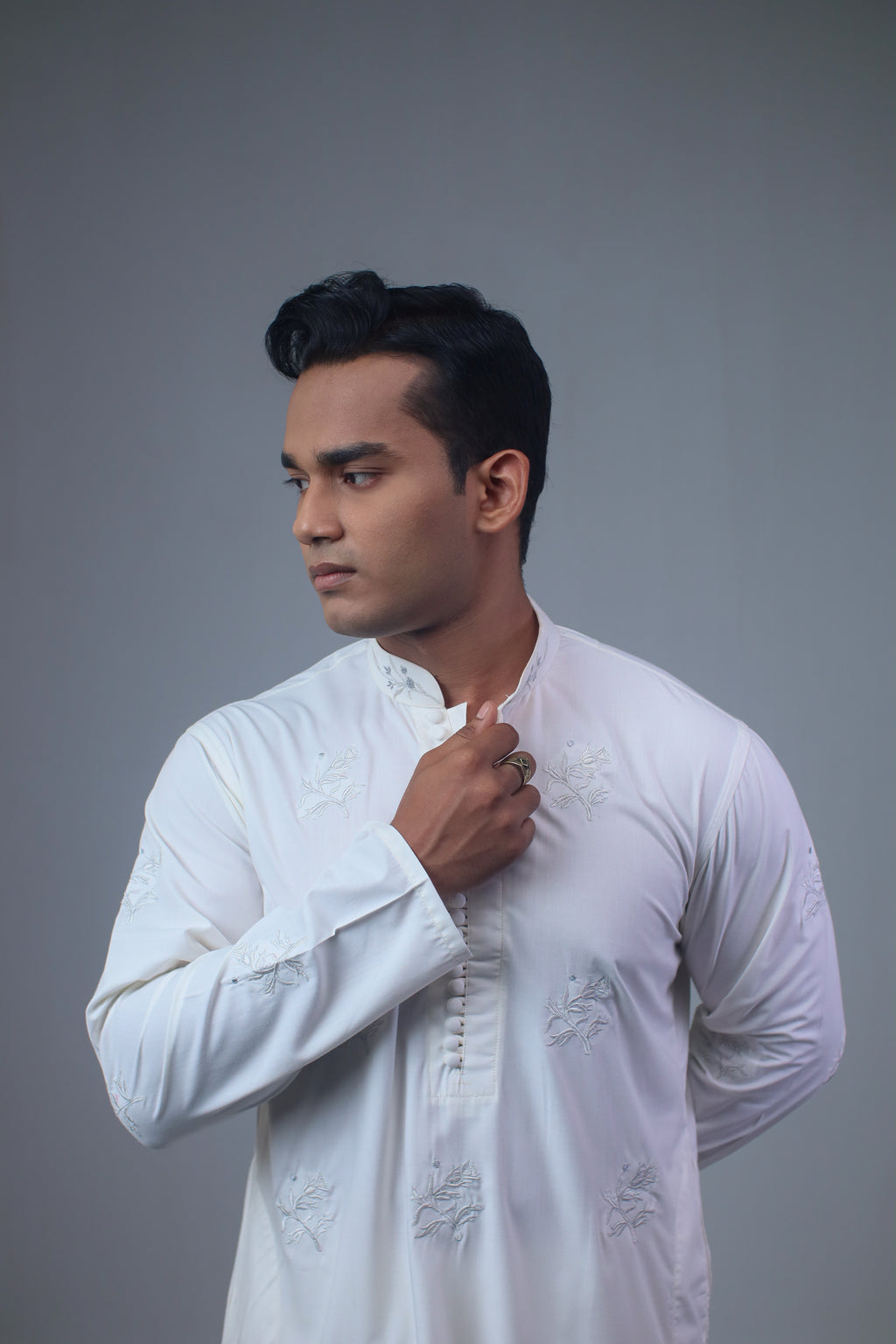 The Pearl White Loop-Button Panjabi